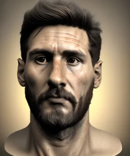 Gran angular, Realistic image, roman sculpture, marble deluxe material, Lionel Messi, gold Laurel leaves crown model, miguel angel style, chisel style, emperador, waist up portrait, cinematic lighting, God light, god rays, 4k resolution, smooth details, ornate details, soft lighting, unreal engine 5, soft cyan background.