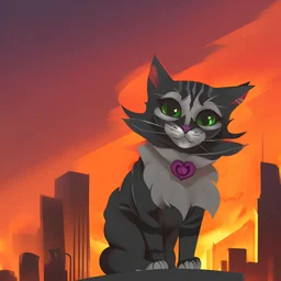tiny cute joker cat overlooking a burning city