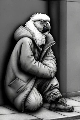 One single mature homeless cockatoo with worn out clothes, sleeping in a corner on the street, Vienna, mourning, model style, hyper realistic, extremely accurate, delicate, extremely detailed, Graphic novel style, wide-angle, open aperture, superfine pencil