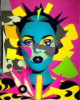 A vibrant and eclectic portrait of a woman, blending the irreverent spirit of Dadaism with the bold, graphic language of Pop Art, featuring a prominent female figure with an enigmatic expression, adorned with collage-like fragments of newspaper clippings, torn paper, and distressed textures, set against a backdrop of clashing colors and disparate patterns, with bold, black outlines and Ben-Day dots, evoking the stylized aesthetic of a 1960s-era advertisement, yet infused with a sense of playful
