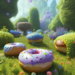 pixar style, volumetric summer garden environment and background, realistic painting of donuts, looking excited, volumetric lighting, dramatic lighting, detailed digital painting, extreme dense and fine fur, anime, ornate, colour-washed colors, elegant, small minutiae, tiny features, particulars, centered, smooth, sharp focus, renderman gofur render, 8k, uhd, detailed eyes, realistic shaded volumetric lighting, sunlight caustics, backlight, centered camera view