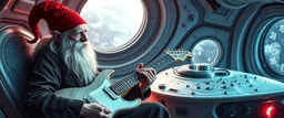 guitar acoustic banger, instrumental, celtic, georgian, gypsy jazz, back on track portrait of space captain gnome lich, , priest psycho, in cockpit, celtic knot hollow tube transparent core ornate indented space ship, shiny bright mega ship flourescent white blue like bubble gum with a few big windows and decks,