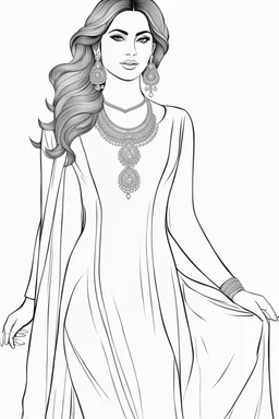 Coloring page for adults of a elegant fashion model woman wearing hindi dress, dynamic poses, full body portrait, thick and clean lines, clean details, no-color, no-turban, no-background, non color, non shading, no-grayscale, dynamic poses, full body portrait, thick and clean lines, clean details, no-color, no-turban, , non background, non color, non shading, no-grayscale, no color hair