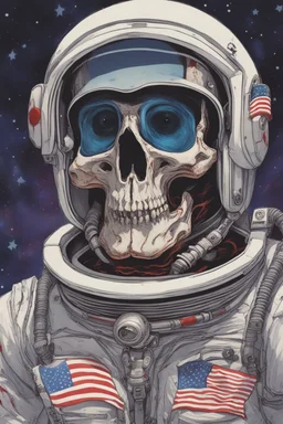 A close up of a skeleton face looking shocked, in an astronaut helmet and suit floating in space. inside the hollow eyes are red shining lights, scary. On his suit is an American flag and in his one hand is a small wavering American flag, on it is written "boned in the USA". From the back of his suit is blowing out blue, white and red smoke. Realistic, 8k, highly detailed, funny