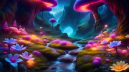 Landscape in a magical place with neon flowers and tiny fairies all in photography art