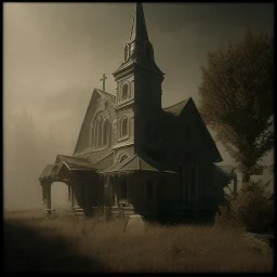 on old church inside, scary, steam punk, realistic, made in octane, cinematic, ultra-realistic, extremely detailed octane rendering, 8K, VRAY Super Real ar 2:3, dof photorealistic futuristic 50mm lens hard lighting dark gray tintype photograph, realistic lighting, sepia color