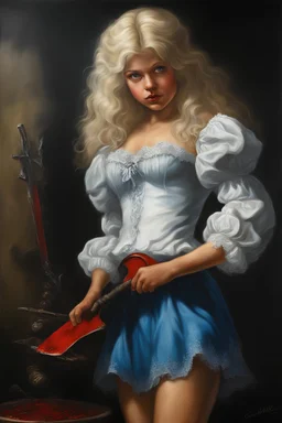 full body image, head to toe, chiaroscuro, deep shadows, rich deep colors, highly detailed portrait, Oil on Canvas by Boris Vallejo - The Evil, homicidal13-year-old Cinderella with Bleach-blonde hair holding a bloody cleaver - 4k UHD, Ultra-realistic, Hyper realistic, Photorealistic, Realistic, absolute Reality