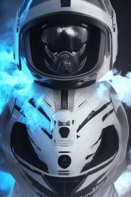 All Black racing suit AnnaSophia Robb, portrait, ghost mask, wearing high tech racing helmet, white smoke, dark, rage, sorrow, high definition, ultra 8 k, volumetric lighting, blue fire, fog