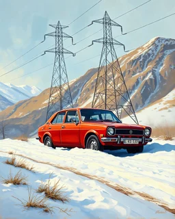 Oil Painting, Cezanne Painting. A red Old hatchback pride car is stuck in the snow under a high voltage power tower. Kurdish Mountain