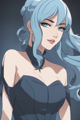 Middle aged woman with powder blue hair, dark blue eyes, wearing an elegant cocktail dress, smug, gallery background, RWBY animation style