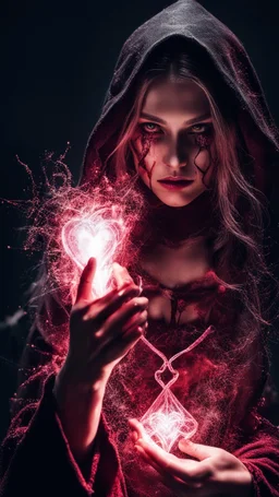 Wizard girl with heart bleed in her hands, half demon and half angel, 8k, macro photography, sparks around,