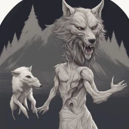 A terrible creature with a wolf's head and a human body