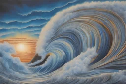 large tsunami wave in the illustrated painting style of alex grey with colors in blue, white, and grey