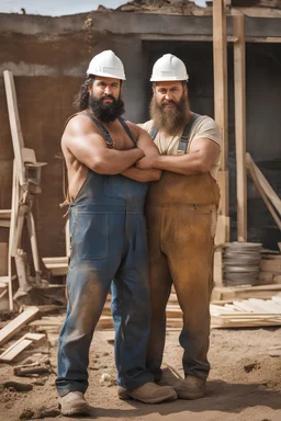 half figure shot photography of TWO ugly 38 year old stocky big chubby robust burly turkish carpenters hugging each other, dirty, wet, wearing overalls, shirtless, manly chest, serious, very virile, long beard, curly hair,, , in a sunny construction work area, photorealistic , photorealistic