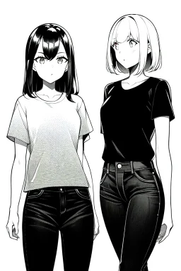 two girls dressed in jeans and a T-shirt walk in the city, line arts, greyscale