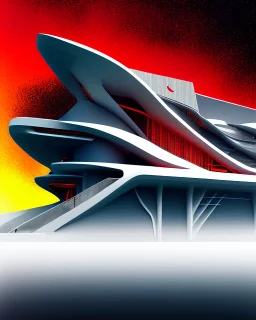 Arte de tinta casa estilo Zaha Hadid color rojo amarillo y blanco 8k