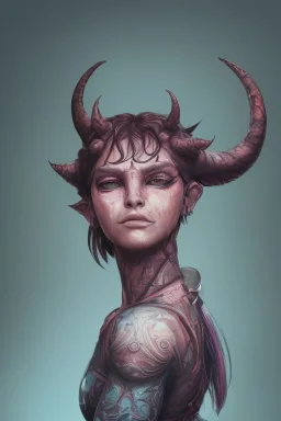 Athlethic Young tiefling woman, futuristic fantasy assassin character, portrait from waist up, intricate eyeliner, vibrant eyeshadow, clear completion, soft lighting, 4k resolution, intricate details, insanely detailed, white tank top, vibrant Japanese style tattoo sleeve, colorful cityscape background, masterpiece, expert, cinematic smooth, retroanime style, realistic details, devil tail