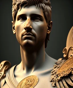 Realistic image, roman sculpture, marble material, Lionel Messi with Laurel wreath model, miguel angel style, God light, god rays, 4k resolution, perfect details, ornate details, soft lighting, unreal engine 5, soft cyan background.