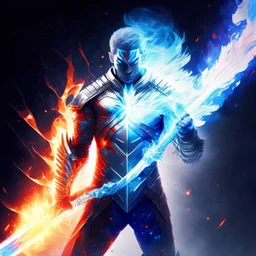 A superhero man with infinite power and technology from the galactic race, with a double-edged sword of fire and ice.