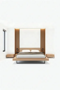 3D Render of a minimalist bedroom with a platform bed, low-profile, floor plan, on isolated white background