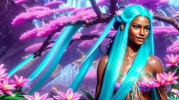 Photo realistic portrait of a gorgeous smiling skinny polynesian goddess with a golden dark shining skin, long smooth clear turquoise blue and pink white hair, blue eyes, in a sci-fi outfit with luminous strikes blowing a kiss in a hill of flowers with sakura trees, a waterfall, a crystal palace, loads of mini flowers, moss, sun rays through the branches, particles in the air at spring