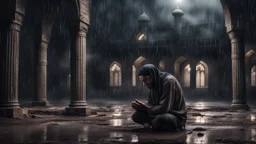 Hyper Realistic Young-Adult-Muslim Guy Crying & Praying-Namaz with-lean-body-language outside an old abandoned dark mosque at dark heavy rainy night showing dramatic & cinematic ambiance.