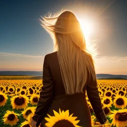 woman, back view, long brown clothes, blond hair, sunflower field, sunset