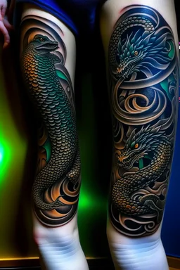 thigh stylized dragon tatoo, stylized snake tatoo wrapped in the things, leg focus, thigh focus