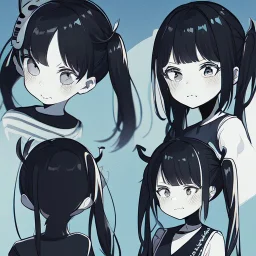 Clear focus, High resolution, rough line art, cute, cartoon, one side is a fluff cut, one side does not have hair but it does have one piece of hair that is medium length and sharp, both sides have medium length sharp locks on each side of her head, long twintails, smooth twintails, black hair, 1girl, (solo), grey eyes