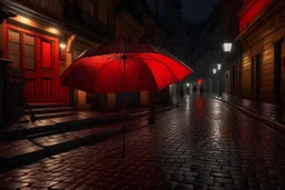 under a red umbrella, it's raining hard, it's night, lights from shops and a nearby hotel, cobblestone floor, city square, 16K, realistic photography