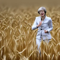 theresa may in a robot outfit, running through fields of wheat, sunshine, daytime