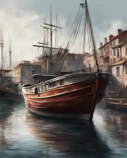 a drawing of a boat in a harbor, a digital rendering by Achille Leonardi, photorealism, concept art