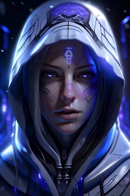 female, assassin, cyberpunk, white hood, glowing runes, nordic runes, violet eyes, glowing eyes, hard-edge style,highly detailed, high details, detailed portrait, masterpiece,ultra detailed, ultra quality