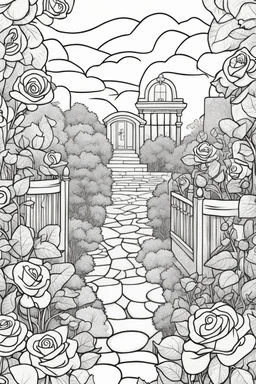 kids coloring page, rose garden, cartoon style, thick lines, low detail, no shading