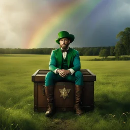 [high res photo of American Gods (2017)] Pablo Schreiber as the Leprechaun sits on an open treasure chest in a field, a rainbow reach the chest, he is happy