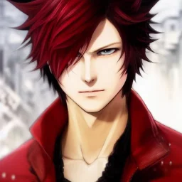 Detailed anime boy, crimson red hair, long classic taper hairstyle, dante dmc5 hairstyle, wolf ears protruding out, white trench coat, intricate details, full body portrait, keep head in frame, slight smile, black Japanese motif, concept art, highly detailed, digital painting, concept art, sharp focus, illustration, art by Yoji Shinkawa, WLOP and greg rutkowski and alphonse mucha and artgerm and yanjun Chen and Junji ito and Makoto Shinkai, HDR, octane render, highly detailed