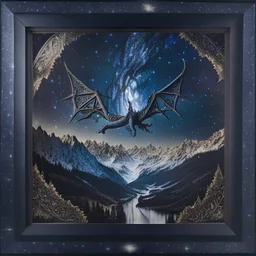 image framed with a thin border of celtic designs, story book cover format, A winged celestial dragon in flight above a forested mountain, against a background of brilliantly glittering stars, hd 4k, fine sharp detail