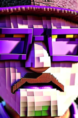 a close-up portrait of a purple Minecraft face, farmer, sunglasses,3d, large pixel style