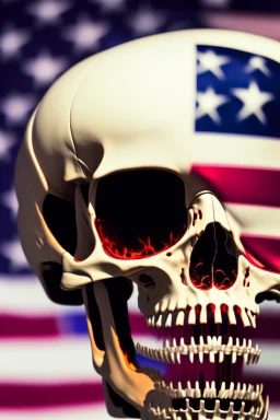 A close up of a skeleton face looking at the camera from a mysterious side view. Deep bony features and inside the hollow eyes are red shining lights, scary. Dressed in an astronaut suit floating in space. On his suit is an American flag and in his one hand is a small wavering American hand flag. From the back of his suit is blowing out blue, white and red smoke. Realistic, 8k, highly detailed, funny