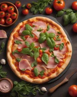 image of juicy pizza with tomatoes, arugula, ham, pizza sauces, 4k, uhd, 8k , 10k, 12k