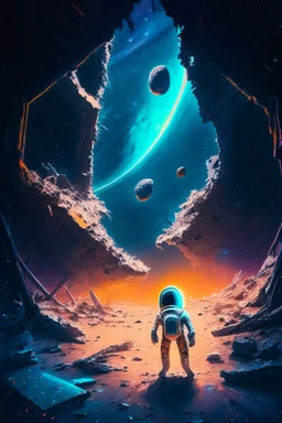 Digital Painting, dark, starry background with a central image of a perplexed astronaut floating in space, surrounded by abandoned alien ruins, Surrealism