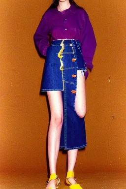 year 1996 denim fashion. Loose skirt, low waist. Colors: denim blue, blue, purple, cream, khaki, light green, lilac, plum, orange, terracotta, red, light yellow, lion yellow, pink, dark blue, beige. Gwen Stephani