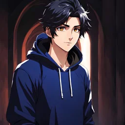 cartoon style,mysterious youthful Russan male, man, dark and intriguing, confident, intense, handsome, anime style, retroanime style, dark black very short hairs, dark brown eyes, smile, dark blue hoody, white man