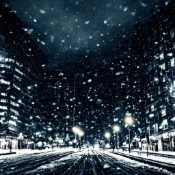 City at night with dark clouds and falling snow