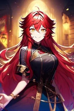 girl, masterpiece, best quality, cinematic lighting, detailed outfit, vibrant colors, perfect eyes, red hair, long hair, golden eyes, messy hair, hair in between the eyes, angry, smile,