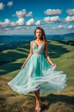 full-body closeup shot of a young, beautiful girl with a perfect face and makeup,wearing pretty dance dress standing in a stage in open air nice green hills , blue sky ,pretty clouds at distant