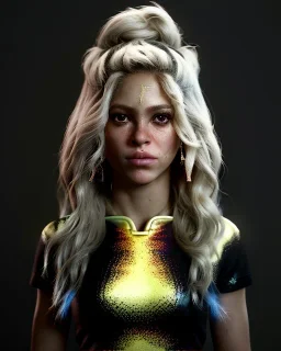 portrait, Shakira, blonde artist, angry, Realistic image, MMA robe, hoodie, mma gloves, fight pose, make-up make-up, gold line make-up, sweat, fog, goddess style, Neon colors, leds. Black background, photo studio, concept art, smooth, unreal engine 5, god lights, ray tracing, RTX, lumen lighting, ultra detail, volumetric lighting, 3d, finely drawn, high definition, 4k.