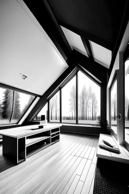 a frame house, minimal, white and black. cold wood and solar panel. interior design, show me the interior. add a small touch of yellow. interior