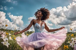 The camera zooms in, focusing sharply on very beautiful black girl with make up Lily wearing pretty dress as she dances gracefully in the same romantic environment with flowers and sky with nice clouds. Her joy and youth are presented against the backdrop of the surreal surroundings.