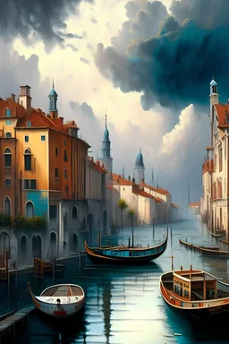 a painting of a canal with boats in it and buildings in the background with a cloudy sky above it, matte painting, a detailed matte painting, modern european ink painting, more colorful, people